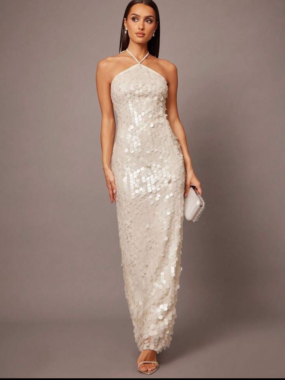Sequin Halter Maxi Dress in Cream